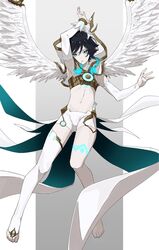  1boy androgynous aqua_eyes aqua_hair armpits black_hair braid bridal_gauntlets bridal_legwear capelet colored_tips commentary elbow_gloves feathered_wings fuka_(hk_nemo) full_body genshin_impact gloves gold_trim highres hood hooded_capelet leg_tattoo male_focus multicolored_hair official_alternate_costume pale_skin shorts side_braids single_thighhigh single_wrist_cuff solo stomach tattoo thighhighs twin_braids two-tone_hair venti_(archon)_(genshin_impact) venti_(genshin_impact) white_capelet white_gloves white_hood white_shorts white_thighhighs white_wings wings wrist_cuffs 