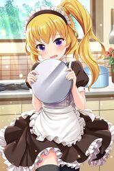  absurdres alternative_girls apron blonde_hair brown_dress dress female highres holding holding_plate indoors kitchen long_hair looking_at_viewer maid maid_headdress mizushima_airi official_art open_mouth plate purple_eyes side_ponytail solo white_apron 