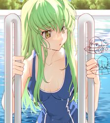  ashford_academy_swimsuit breasts c.c. chibi chibi_inset cleavage code_geass collarbone commentary creayus dripping female forest green_hair ladder long_hair medium_breasts nature one-piece_swimsuit partially_submerged pool school_swimsuit swimsuit symbol-only_commentary tree water yellow_eyes 