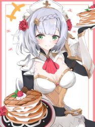  armor ascot black_gloves blunt_bangs braid breasts cleavage closed_mouth commentary elphe female flower food genshin_impact gloves green_eyes grey_hair hair_flower hair_ornament hand_up highres holding holding_plate light_smile lighter-than-air_pancake_(genshin_impact) looking_at_viewer medium_breasts noelle_(genshin_impact) pancake plate red_ascot red_flower red_rose rose solo symbol-only_commentary upper_body 