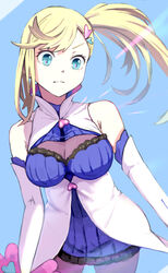  aqua_eyes bare_shoulders blonde_hair blue_background blue_bow blue_dress blue_sleeves blurry blurry_background bow breasts cleavage cleavage_cutout closed_mouth clothing_cutout commentary_request depth_of_field detached_sleeves dress earrings female hair_ornament heart heart_hair_ornament jewelry large_breasts layered_sleeves long_hair looking_away looking_down minerva_(re:zero) morumoru_x re:zero_kara_hajimeru_isekai_seikatsu side_ponytail simple_background sky solo white_sleeves 