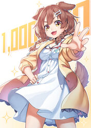  :3 :d absurdres animal_collar animal_ears blue_bow blush bone_hair_ornament bow braid breasts brown_eyes brown_hair buttons collar collared_dress commentary_request dog_ears dog_girl dog_tail dress extra_ears female frilled_jacket frills gradient_background hair_between_eyes hair_ornament hairclip hand_on_own_hip highres hololive inugami_korone inugami_korone_(1st_costume) jacket legs_apart long_hair looking_at_viewer low_twin_braids medium_breasts milestone_celebration neko7 oerba_yun_fang off_shoulder open_clothes open_jacket open_mouth outline paw_print pocket reaching reaching_towards_viewer red_bow red_collar short_dress sleeveless sleeveless_dress smile solo sparkle standing tail thick_eyebrows twin_braids twintails v-shaped_eyebrows virtual_youtuber white_background white_dress white_outline yellow_background yellow_jacket zipper_pull_tab 