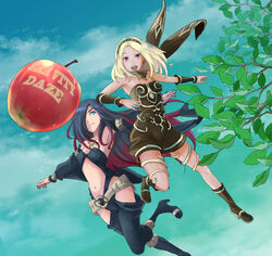  2girls apple bare_shoulders belt black_hair blonde_hair blue_eyes breasts closed_mouth commentary_request copyright_name crow_(gravity_daze) dark-skinned_female dark_skin dress food fruit gravity_daze hairband hasuu high_heels kitten_(gravity_daze) leotard long_hair looking_at_viewer medium_breasts midriff multicolored_hair multiple_girls navel open_mouth red_eyes red_hair scarf smile strapless two-tone_hair vambraces 