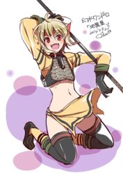  armor blonde_hair female full_body gensou_suikoden gensou_suikoden_iii gloves looking_at_viewer midriff navel open_mouth polearm red_eyes sharon_(suikoden) short_hair smile solo spear thighhighs ueto_seri weapon 