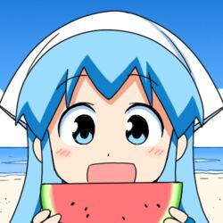  :d anbe_masahiro beach blue_eyes blue_hair blue_sky close-up day dot_nose female food fruit hands_up holding holding_food holding_fruit holding_watermelon horizon ikamusume long_hair looking_at_viewer lowres ocean official_art open_mouth outdoors portrait sand shinryaku!_ikamusume sky smile solo source_request summer tareme water watermelon white_headwear 