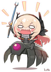  1other adeptus_mechanicus bandana bug chibi commentary commission english_commentary female girls&#039;_frontline headphones hover_vehicle legs lutherniel m4_sopmod_ii_jr necron o_o one-eyed robot scarab skitarii warhammer_40k weapon white_eyes 