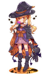  :p bandaid bandaid_on_knee bandaid_on_leg black_cloak black_footwear black_hat blonde_hair boots bow brooch candy choker cloak commentary_request demon_tail dress female food full_body hairbow halloween halloween_costume hat holding holding_candy holding_food holding_lollipop holding_stuffed_toy jack-o&#039;-lantern_brooch jack-o&#039;-lantern_ornament jewelry lollipop long_hair looking_at_viewer nijisanji orange_bow orange_cloak print_cloak purple_choker purple_dress purple_socks red_eyes short_dress simple_background socks solo spaghetti_strap standing star_(symbol) stuffed_toy tail tajima_ryuushi takamiya_rion tongue tongue_out twintails two-sided_cloak two-sided_fabric virtual_youtuber white_background witch_hat wristband 