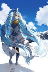  absurdly_long_hair absurdres arms_behind_back beamed_sixteenth_notes black_pantyhose blue_bow blue_eyes blue_hair blue_hat blue_jacket blue_sky blush boots bow brown_bow cloud commentary day eighth_note epaulettes female footprints full_body gloves grey_skirt hair_between_eyes hat hatsune_miku highres jacket knee_boots long_hair long_sleeves looking_at_viewer looking_back mini_shako_cap musical_note musical_note_print outdoors pantyhose pentagon_(railgun_ky1206) pleated_skirt rabbit_yukine shako_cap shoe_soles skirt sky snow snowflakes solo standing tilted_headwear tree twintails very_long_hair vocaloid white_footwear white_gloves yuki_miku yuki_miku_(2020) 