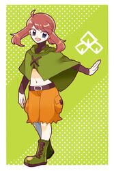  badge belt black_belt black_eyes brown_hair commentary_request cosplay female forest_badge gardenia_(pokemon) gardenia_(pokemon)_(cosplay) green_background green_footwear gym_leader_badge hibikileon highres long_sleeves looking_at_viewer may_(pokemon) medium_hair oerba_yun_fang orange_shorts pocket pokemon pokemon_adventures pokemon_dppt polka_dot polka_dot_background ponytail shoelaces shorts sidelocks solo standing 