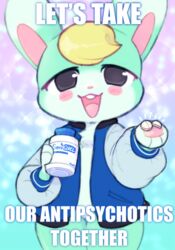  2022 3_fingers alternative_fashion ambiguous_anthro ambiguous_gender animal_crossing anthro antipsychotic antipsychotics black_eyes blonde_hair blue_clothing blue_jacket blue_topwear blush blush_stickers bottomless buckteeth chest_tuft chibi clothed clothing container digital_drawing_(artwork) digital_media_(artwork) drugs english_text fingers front_view fur fur_tuft gradient_background green_body green_ears green_fur hair handpaw happy hi_res holding_container holding_object image_macro impact_(font) j-fashion jacket jacket_only kemono lagomorph legs_together leporid let&#039;s_take_ibuprofen_together long_ears looking_at_viewer male_(lore) mammal medicine meme menhera narrowed_eyes naturally_censored nintendo no_pupils open_mouth open_smile pawberry pawpads paws pills pink_inner_ear pink_nose pink_pawpads pink_tongue portrait rabbit reaction_image redraw sasha_(animal_crossing) seroquel shitpost short_hair simple_background smile smiling_at_viewer solo sparkles standing talking_to_viewer teeth text text_on_container three-quarter_portrait tongue topwear tuft white_text 