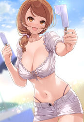  blush bow breasts brown_eyes brown_hair cleavage collarbone commentary_request cropped_shirt cross-laced_clothes cross-laced_top day double_popsicle female food hair_over_shoulder hairbow hands_up highleg highleg_panties highres hojo_karen holding holding_food idolmaster idolmaster_cinderella_girls large_breasts looking_at_viewer medium_hair midriff miniskirt mk_(mod0) navel open_mouth outdoors panties pink_bow popsicle sharing_food shirt skirt smile solo stomach tareme underwear unequal_popsicle_division white_shirt white_skirt 