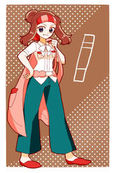  badge basic_badge black_eyes breasts brown_background brown_hair commentary_request cosplay female full_body green_pants gym_leader_badge hair_bun hibikileon highres lenora_(pokemon) lenora_(pokemon)_(cosplay) looking_at_viewer may_(pokemon) medium_breasts medium_hair oerba_yun_fang pants pokemon pokemon_adventures pokemon_bw polka_dot polka_dot_background red_footwear shirt shoes short_sleeves sidelocks single_hair_bun solo standing white_shirt 