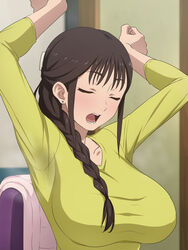  arms_up bad_id bad_pixiv_id braid breasts brown_hair chair closed_eyes collarbone earrings female green_sweater hair_over_shoulder highres indoors jewelry long_hair open_mouth segawa_misato shirobako single_braid solo stretching stud_earrings sweater tedain teeth upper_body yawning 