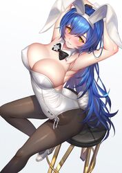  animal_ears armpits arms_behind_head arms_up bar_stool black_leotard blue_hair bow bowtie breasts brick_(atelier_brick) cleavage commission detached_collar fake_animal_ears fake_tail female from_above girls&#039;_frontline high_heels large_breasts leotard long_hair official_alternate_costume pantyhose pixiv_commission playboy_bunny rabbit_ears rabbit_tail sitting solo stool strapless strapless_leotard tail tar-21_(girls&#039;_frontline) tar-21_(night_at_the_bar)_(girls&#039;_frontline) white_background white_leotard wrist_cuffs yellow_eyes 