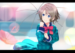  absurdres bad_id bad_twitter_id blue_eyes bunbun_(midukikome) commentary dress female green_dress grey_hair hairband highres holding holding_umbrella letterboxed long_sleeves love_live! love_live!_sunshine!! ore_wo_suki_nano_wa_omae_dake_ka_yo saitou_shuka short_hair sidelocks solo umbrella unmoving_pattern upper_body voice_actor_connection watanabe_you 