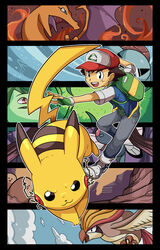  1boy backpack bag baseball_cap black_hair blue_eyes bulbasaur butterfree charizard commentary_request denim dugtrio fingerless_gloves gloves hat highres jacket jeans male_focus open_mouth pants pidgeot pikachu pokemon pokemon_(anime) pokemon_(classic_anime) pokemon_(creature) satoshi_(pokemon) shirt shoes short_hair smile sneakers squirtle t-shirt tory_(tory29) triangular_eyewear 