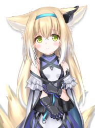  alternate_hairstyle animal_ear_fluff animal_ears arknights bare_shoulders black_gloves blonde_hair blue_hairband blush breasts cloak closed_mouth commentary_request covered_collarbone female fox_ears fox_girl fox_tail gloves green_eyes hair_between_eyes hairband highres infection_monitor_(arknights) kitsune langley1000 long_hair looking_at_viewer material_growth md5_mismatch oripathy_lesion_(arknights) purple_shirt purple_skirt revision shirt simple_background skirt sleeveless sleeveless_shirt small_breasts smile solo suzuran_(arknights) tail very_long_hair white_background white_cloak white_shirt 