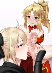  2girls absurdres ahoge bare_shoulders barefoot blonde_hair fate/grand_order fate_(series) feet foot_worship green_eyes highres holding_another&#039;s_foot licking licking_foot mordred_(fate) mordred_(fate/apocrypha) multiple_girls oirin okita_souji_(fate) okita_souji_(koha-ace) ponytail smile soles toes white_background yuri 