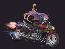  absurdres biker_clothes bikesuit black_background bodysuit brown_hair commentary_request dated exhaust_pipe female gradient_hair highres hijiri_byakuren long_hair motion_blur motor_vehicle motorcycle multicolored_hair nero_augustus official_alternate_costume purple_eyes purple_hair scarf solo touhou turbo_byakuren two-tone_hair very_long_hair 