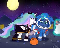  5:4 alicorn candy clothing costume dessert duo empyu equid equine feathered_wings feathers female feral food friendship_is_magic halloween hasbro holidays horn levitation magic mammal moon my_little_pony mythological_creature mythological_equine mythology night princess_celestia_(mlp) princess_luna_(mlp) sibling_(lore) sister_(lore) sisters_(lore) wings 