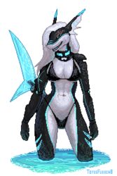  2:3 alpha_channel anthro bikini blonde_hair breasts clothed clothing cybernetics cyborg digital_media_(artwork) female fish glowing hair machine marine non-mammal_breasts pixel_(artwork) shark sharkie simple_background smile solo swimwear totesfleisch8 