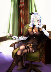  absurdres black_footwear black_thighhighs blue_eyes boots breasts chair crossed_legs feather_hair_ornament feathers female gloves hair_ornament hair_ribbon hand_on_own_head highres holding holding_pen long_hair looking_at_viewer medium_breasts n.s.egg open_mouth pen ribbon shirt simple_background sitting solo thigh_strap thighhighs warship_girls_r washington_(warship_girls_r) white_gloves white_hair white_shirt 