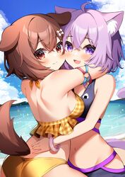  2girls adapted_costume ahoge animal_ear_fluff animal_ears arm_strap back bare_shoulders beach bikini black_bikini blush brown_hair cat_ears cat_girl cat_tail commentary dog_ears dog_girl dog_tail heart highres hololive hug inugami_korone long_hair looking_at_viewer median_furrow multiple_girls navel nekomata_okayu o-ring o-ring_arm_strap ocean outdoors plaid plaid_bikini purple_hair spoken_heart swimsuit tail takumin_dx virtual_youtuber yellow_bikini yuri 