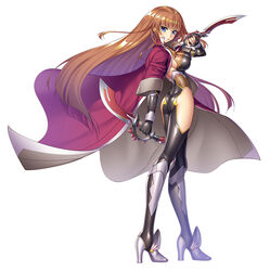  alternate_costume aoi_nagisa_(metalder) ass black_gloves blue_eyes bodysuit boots breasts brown_hair cleavage coat dagger female fighting_stance fingerless_gloves fishnet_fabric fishnets full_body gloves high_heel_boots high_heels holding holding_dagger holding_knife holding_weapon knife koukawa_asuka large_breasts long_hair looking_at_viewer looking_back official_art red_coat simple_background smile solo taimanin_(series) taimanin_asagi taimanin_rpgx thigh_boots thighhighs weapon white_background 