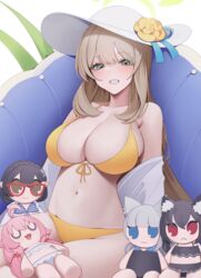  absurdres ayane_(blue_archive) ayane_(swimsuit)_(blue_archive) bare_shoulders bikini blonde_hair blue_archive blush breasts character_doll commentary female front-tie_bikini_top front-tie_top fumo_(doll) glasses green_eyes halo highres hoshino_(blue_archive) hoshino_(swimsuit)_(blue_archive) kashiko_(kshiko1) large_breasts long_hair looking_at_viewer navel nonomi_(blue_archive) nonomi_(swimsuit)_(blue_archive) off_shoulder official_alternate_costume red-framed_eyewear serika_(blue_archive) serika_(swimsuit)_(blue_archive) shiroko_(blue_archive) shiroko_(swimsuit)_(blue_archive) shirt sideboob sitting solo stomach swimsuit thighs white_headwear white_shirt yellow_bikini 