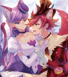  2girls animal_ears bad_id bad_pixiv_id bell blouse bow_choker breasts brown_cape brown_choker canine cape cat_ears chocolate choker cleavage cowbell cure_chocolat cure_macaron dog_ears dog_tail dress earrings elbow_gloves extra_ears food food-themed_hair_ornament gloves hair_ornament hair_ribbon hat highres hiiro_yuki jewelry kenjou_akira kirakira_precure_a_la_mode kotozume_yukari long_hair macaron macaron_hair_ornament magical_girl medium_breasts mini_hat multiple_girls open_mouth outdoors petals precure puffy_short_sleeves puffy_sleeves purple_choker purple_dress purple_tail red_shirt ribbon shirt short_hair short_sleeves signature spiked_hair tail thighhighs tree white_dress white_legwear 