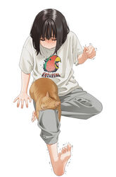  arm_support barefoot black_hair blush clenched_hand closed_eyes commentary_request feet feline female full_body grey_pants invisible_chair mattaku_mousuke medium_hair orange_cat original oversized_clothes oversized_shirt pants paresthesia shirt sidelocks sitting soles solo sweatdrop t-shirt toenails toes trembling white_shirt 