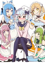  1boy 4girls animal_ears animare arms_between_legs blush chair commentary_request covering_crotch covering_privates crossdressing cup hair_ornament hair_ribbon hanerilove have_to_pee highres hinokuma_ran inaba_haneru_(animare) inuyama_tamaki multiple_girls nanashi_inc. noripro otoko_no_ko ribbon simple_background sitting souya_ichika souya_ichika_(2nd_costume) thighhighs umori_hinako virtual_youtuber white_background 