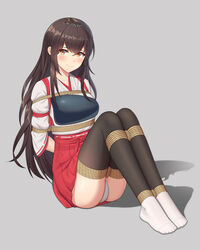  absurdres akagi_(kancolle) akagi_kai_ni_(kancolle) arms_behind_back bondage bondage bondage bound bound_arms bound_legs brown_eyes brown_hair female gaiters hakama hakama_short_skirt hakama_skirt highres japanese_clothes kantai_collection long_hair muneate panties red_hakama rope shibari_over_clothes skirt solo straight_hair tasuki thighhigh_gaiters thighhighs underwear white_panties white_thighhighs wo_cao_xiao 