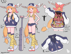  animal_print arm_up asymmetrical_legwear bare_shoulders bikini bikini_under_clothes black_jacket black_shorts blush bow chains chewing_gum chinese_text club_(weapon) collarbone commentary_request english_text female hairbow hands_in_pockets hat horn_ornament horn_ribbon horns ibuki_suika jacket kanabou long_hair multiple_views navel no_shirt oerba_yun_fang oni_horns open_clothes open_jacket open_mouth oracle_bone_script orange_eyes orange_hair pointy_ears puuakachan red_bow reference_sheet ribbon shoes short_shorts shorts skin_fang smile sneakers standing stomach swimsuit thighhighs tiger_print touhou traditional_chinese_text twitter_username weapon white_footwear white_ribbon yellow_thighhighs 