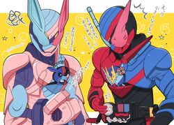  1010_mumumu 4boys animal_hood arguing armor blue_armor blue_eyes boxing_gloves build_driver compound_eyes crossover gloves heterochromia highres hood kamen_rider kamen_rider_build kamen_rider_build_(series) kamen_rider_cross-z kamen_rider_revi kamen_rider_revice kamen_rider_vice kangaroo_genome multiple_boys pink_armor pink_gloves pouch rabbit rabbit+tank_form red_armor red_eyes trait_connection translation_request 