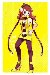  badge black_eyes black_pantyhose bolt_badge breasts brown_hair commentary_request cosplay elesa_(pokemon) elesa_(pokemon)_(cosplay) female full_body gym_leader_badge hibikileon high_heels highres may_(pokemon) medium_breasts medium_hair oerba_yun_fang pantyhose pokemon pokemon_adventures pokemon_bw polka_dot polka_dot_background sidelocks solo standing sweat yellow_background yellow_footwear 