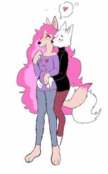  5:8 anthro biped black_clothing blue_clothing canid canine canis closed_eyes clothing duo eyelashes female fox fur hair happy heart_symbol hi_res huge_hair long_hair magna_(puppkittyfan1) mammal maned_wolf multicolored_hair paws pink_body pink_clothing pink_ears pink_fur pink_hair pink_tail puppkittyfan1 purple_clothing smile tail tammy_(puppkittyfan1) trans_(lore) trans_woman_(lore) two_tone_hair two_tone_tail white_body white_ears white_fur white_tail wolf 