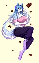  2020 4_toes 5_fingers anthro blue_hair breasts canid canine canis digital_media_(artwork) domestic_dog eyebrows eyelashes feet female fingers hair hi_res hybrid knight_dd mammal purple_eyes solo toes 