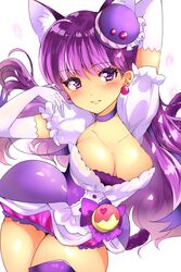  animal_ears bow_choker breasts cat_ears choker cleavage cure_macaron dress earrings elbow_gloves extra_ears feline female food food-themed_hair_ornament gloves hair_ornament jewelry kirakira_precure_a_la_mode kotozume_yukari lips long_hair looking_at_viewer macaron macaron_hair_ornament magical_girl medium_breasts odaosamu precure puffy_short_sleeves puffy_sleeves purple_choker purple_dress purple_eyes purple_footwear purple_tail short_sleeves solo white_background white_dress white_gloves 