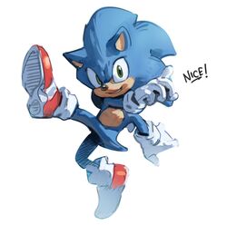  blue_fur blue_spine english_text full_body gloves green_eyes grin hedgehog hedgehog_ears large_shoes loose_socks nin_nakajima redesign shoes smile snout socks solo sonic_(live_action) sonic_(series) sonic_the_hedgehog sonic_the_hedgehog_(film) super_smash_bros. white_gloves 