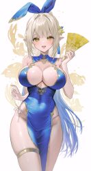  armpit_crease bare_arms bare_shoulders blonde_hair blue_dress blue_hair breasts china_dress chinese_clothes cleavage colored_inner_hair commentary_request commission covered_navel cowboy_shot dress elf female fymrie gold_trim gradient_hair hair_ornament hair_ribbon hand_fan highres holding jewelry korean_commentary large_breasts long_hair looking_at_viewer multicolored_hair no_bra open_mouth original panties pelvic_curtain pointy_ears ponytail revision ribbon side-tie_panties side-tie_peek skindentation sleeveless sleeveless_dress smile solo spaghetti_strap standing strap_pull string_panties thighlet thighs two-tone_hair underwear very_long_hair yellow_eyes 