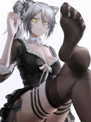  absurdres animal_ears arknights black_dress black_thighhighs breasts cat_ears cleavage dress feet female foot_focus foot_out_of_frame grey_hair hair_between_eyes highres large_breasts lingear long_hair looking_at_viewer ponytail schwarz_(arknights) solo thigh_strap thighhighs thighs yellow_eyes 