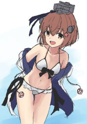  alternate_costume bikini blue_background blue_jacket bow bow_bikini brown_eyes brown_hair collarbone female frilled_bikini_bottom gradient_background headgear highres jacket jacket_partially_removed kantai_collection leaning_forward lifebuoy_ornament open_clothes open_jacket short_hair smile solo speaking_tube_headset swimsuit thigh_gap white_background white_bikini yuki_4040 yukikaze_(kancolle) yukikaze_kai_ni_(kancolle) 