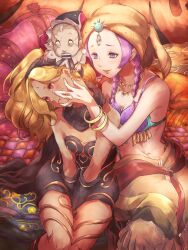  2girls :i aki_(gravity_daze) bare_shoulders between_legs black_headband black_scarf blonde_hair blush bracelet braid dark-skinned_female dark_skin doll feet_out_of_frame forehead_jewel gravity_daze gravity_daze_2 hand_between_legs hand_on_another&#039;s_face headband highres jewelry kitten_(gravity_daze) long_hair mimikaki multiple_girls necklace no31990 pandora_(gravity_daze) purple_eyes purple_hair red_eyes scarf sitting sleeveless smile strapless sweat turban twin_braids 