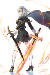  aqua_hair artist_name black_cape black_footwear black_gloves black_jacket black_skirt byleth_(female)_(fire_emblem) byleth_(fire_emblem) cape female fire fire_emblem fire_emblem:_three_houses flaming_sword flaming_weapon from_behind full_body garreg_mach_monastery_uniform gloves green_eyes hairband high_heels highres jacket kazu20200224 looking_to_the_side planted planted_sword puffy_sleeves red_hairband sheath sheathed skirt socks solo standing sword sword_of_the_creator weapon white_background white_socks 