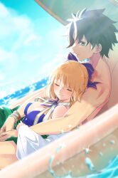  1boy absurdres artoria_caster_(fate) artoria_caster_(swimsuit)_(fate) artoria_caster_(swimsuit)_(third_ascension)_(fate) artoria_pendragon_(fate) bikini black_hair blonde_hair blue_bikini blue_bow blue_eyes blue_sky blush bow breasts cleavage closed_eyes closed_mouth cloud commentary_request commission day fate/grand_order fate_(series) female fujimaru_ritsuka_(male) fujimaru_ritsuka_(male)_(brilliant_summer) green_swim_trunks hairbow highres innertube kpaoi long_hair looking_at_another lying lying_on_person male_swimwear medium_breasts official_alternate_costume outdoors profile short_hair skeb_commission sky smile straight sunlight swim_ring swim_trunks swimsuit topless_male water 