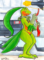  aircraft anthro bandana clothing generation_3_pokemon gloves green_body grovyle handwear helicopter hi_res kalidos kaotikjuju kerchief leaf leaf_hair leaf_tail male missile multicolored_body nintendo plant plant_hair pokemon pokemon_(species) pseudo_hair red_body semi-anthro smile solo tail traditional_media_(artwork) two_tone_body vehicle yellow_sclera 