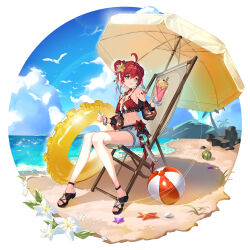  absurdres adapted_costume ahoge alternate_costume alternate_hairstyle ball bare_legs beach_chair beach_umbrella beachball black_sleeves blue_eyes blue_sky breasts cleavage commentary_request crepe crescent crop_top danjin_(wuthering_waves) day detached_sleeves dkdi93045 double_bun earrings female flower food full_body hair_between_eyes hair_bun hair_flower hair_ornament halterneck highres holding holding_food holding_spoon hoop_earrings jewelry looking_at_viewer medium_breasts midriff navel ocean on_chair palm_tree parted_lips red_hair red_shirt sand sandals shirt shorts sitting sky smile solo spoon starfish swim_ring tacet_mark_(wuthering_waves) toes tree two_side_up umbrella white_shorts wuthering_waves 