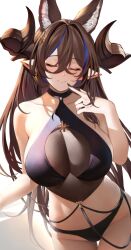  animal_ears bare_shoulders bikini black_bikini blush breasts brown_hair cleavage closed_eyes collarbone extra_ears female galleon_(granblue_fantasy) galleon_(summer)_(granblue_fantasy) granblue_fantasy highres horns kameponde large_breasts long_hair multicolored_hair pointy_ears see-through see-through_cleavage streaked_hair swept_bangs swimsuit thighs 