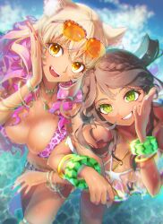  2girls absurdres andromeda_(fate) andromeda_(second_ascension)_(fate) animal_ears animal_print bikini blonde_hair bracelet breasts brown_eyes brown_hair ena1215 eyewear_on_head fate/grand_order fate_(series) fox_ears gradient_hair green_eyes highres jewelry large_breasts leopard_print long_hair multicolored_hair multiple_girls ocean oerba_yun_fang pendant pink_bikini pink_hair pink_nails sunglasses suzuka_gozen_(fate) suzuka_gozen_(swimsuit_rider)_(fate) suzuka_gozen_(swimsuit_rider)_(second_ascension)_(fate) swimsuit tan white_nails 